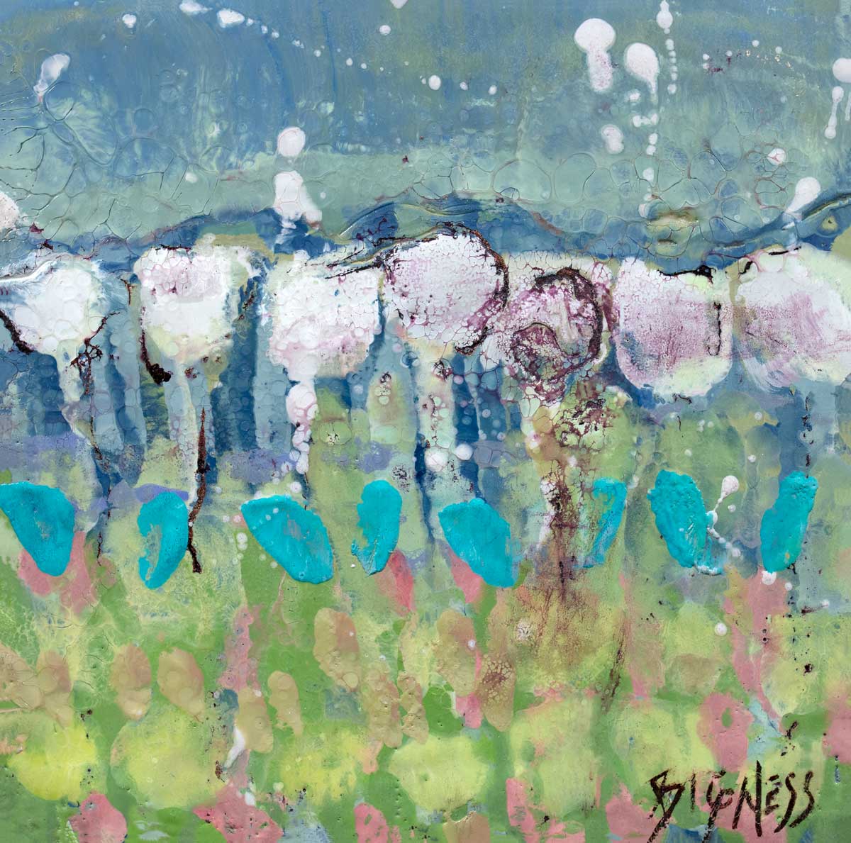 A teal, green and white abstract floral print by Linda Bigness.