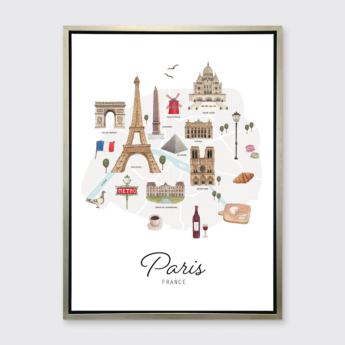 A multicolored map print of Paris, France with the famous landmarks in a silver floater frame hangs on a white wall.