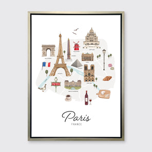A multicolored map print of Paris, France with the famous landmarks in a silver floater frame hangs on a white wall.