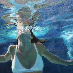 A tonal blue, beige and white abstract figural painting of a woman in a white bikini top underwater by Michele Poirier-Mozzone.
