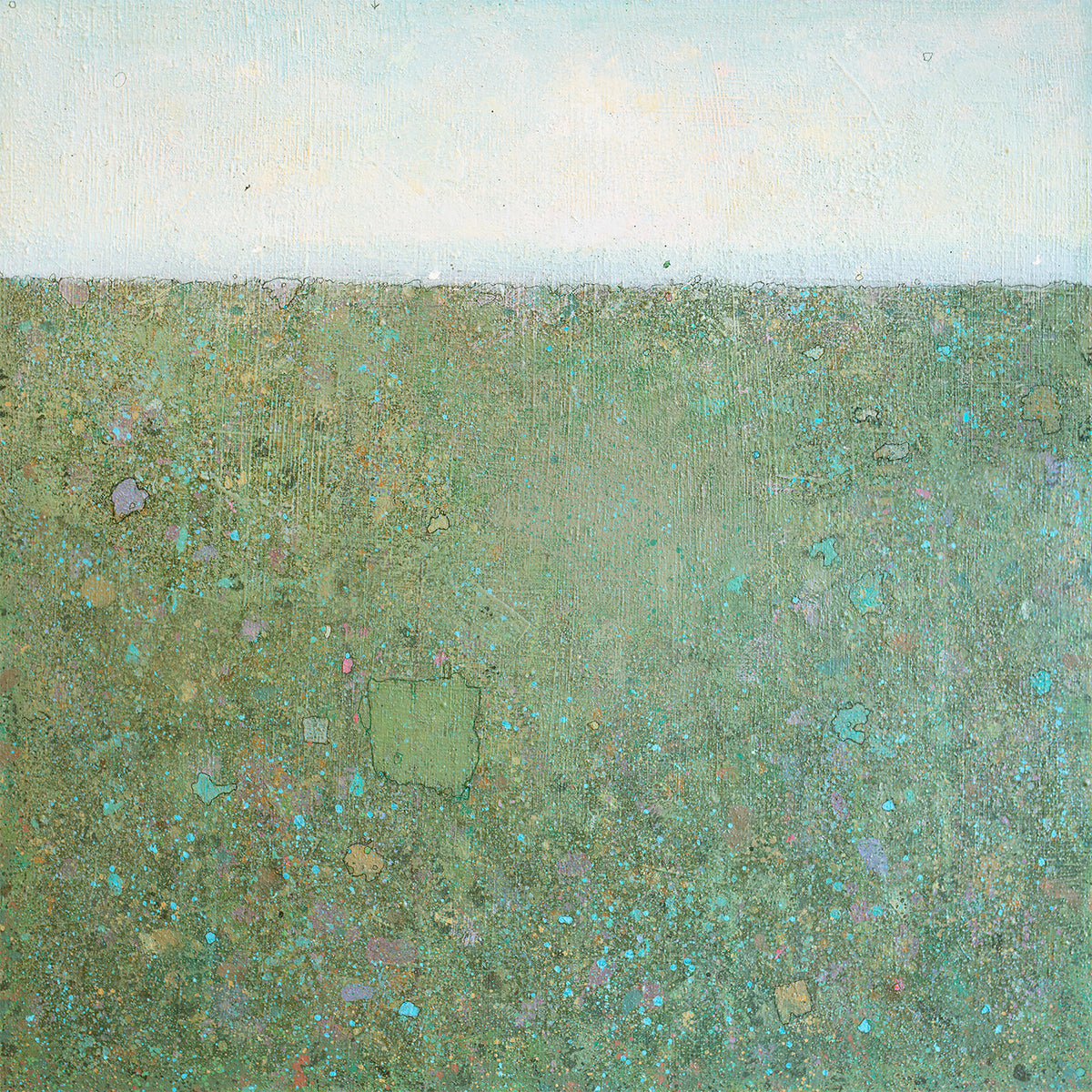 A green and blue abstract landscape print with multicolored accents by Elwood Howell.
