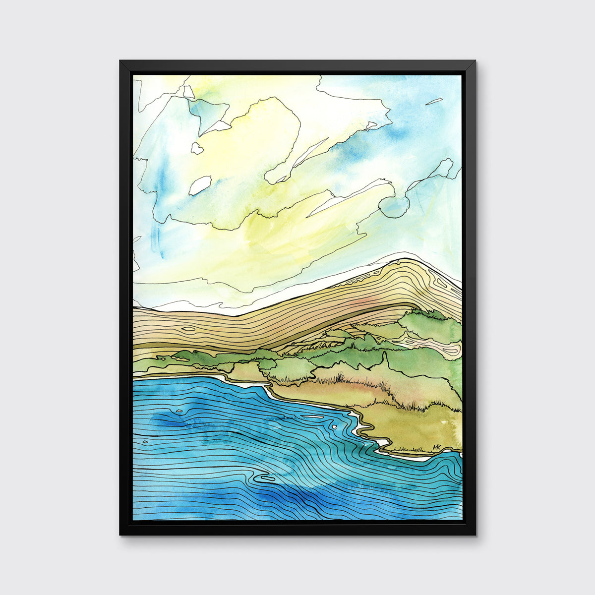 A blue, green, brown and light yellow abstract landscape with black outlines print in a black floater frame hangs on a white wall.