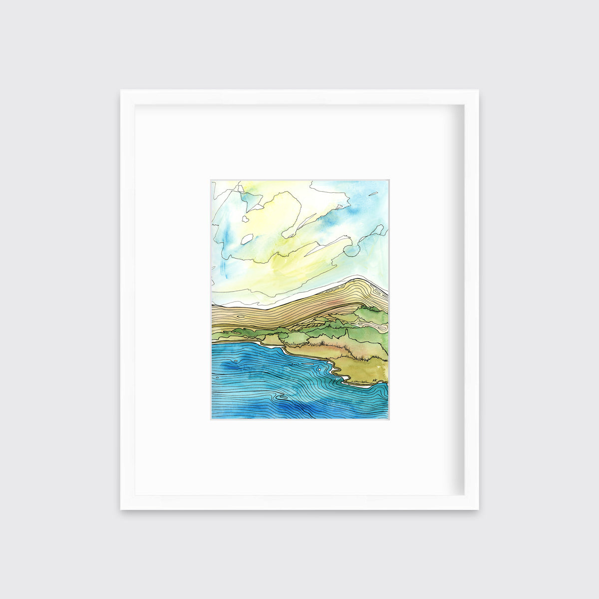 A blue, green, brown and light yellow abstract landscape with black outlines print in a white frame with a mat hangs on a white wall.