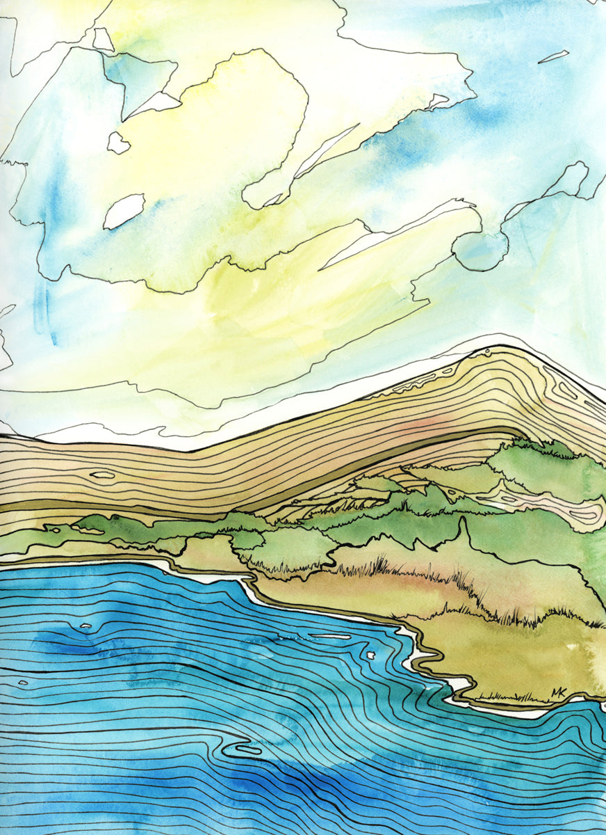 A blue, green, brown and light yellow abstract landscape with black outlines print by Melissa Kircher.