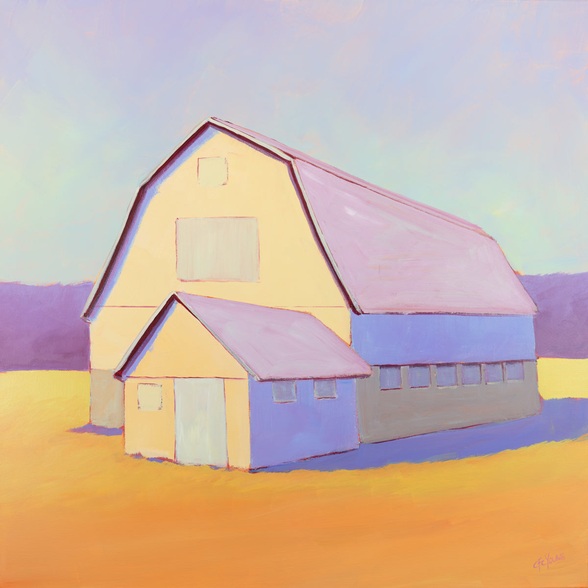 A lavender, light yellow and orange landscape print of a barn by Carol Young.