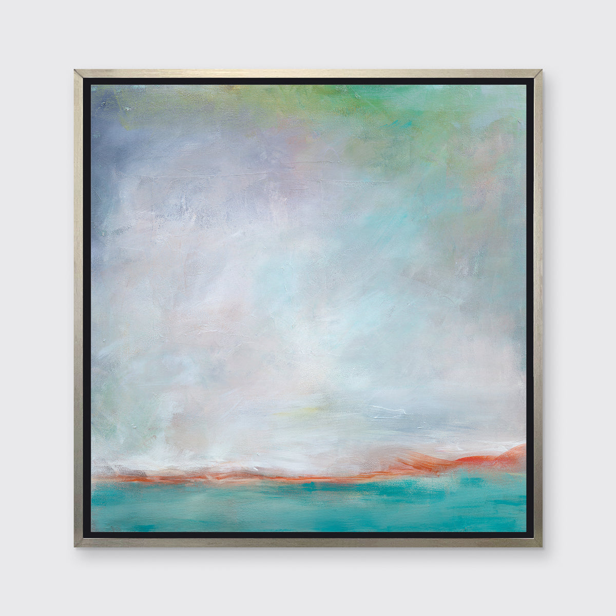 A teal and white abstract print in a silver floater frame hangs on a white wall.
