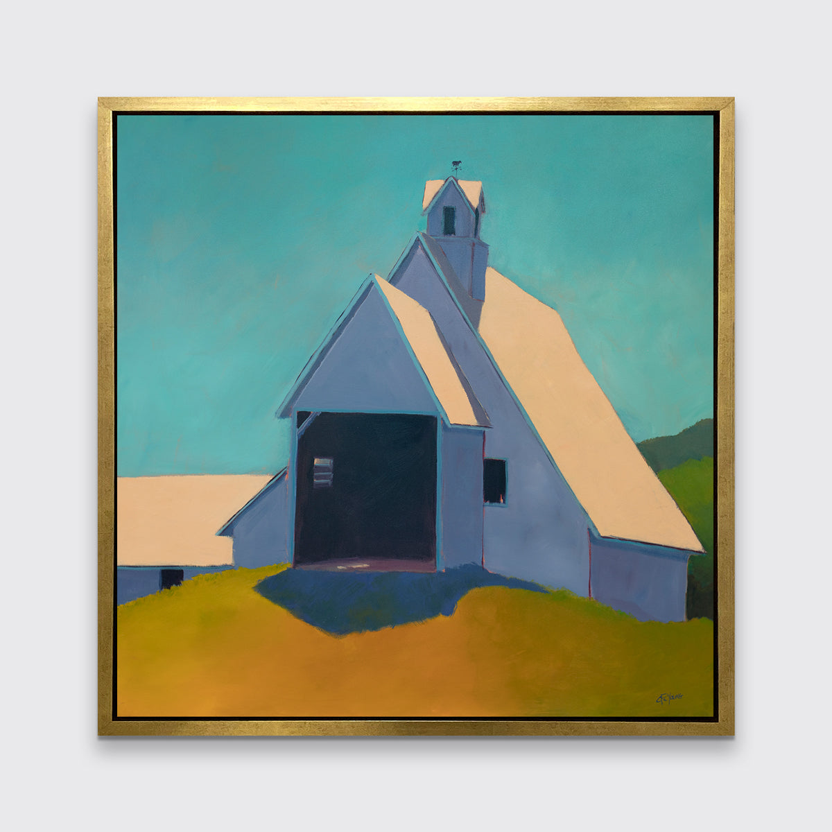 A teal, lavender, and peach contemporary barn print in a gold floater frame hangs on a white wall.