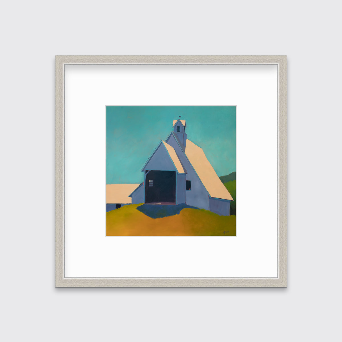 A teal, lavender, and peach contemporary barn print in a silver frame with a mat hangs on a white wall.