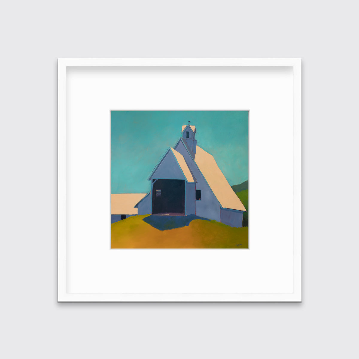 A teal, lavender, and peach contemporary barn print in a white frame with a mat hangs on a white wall.