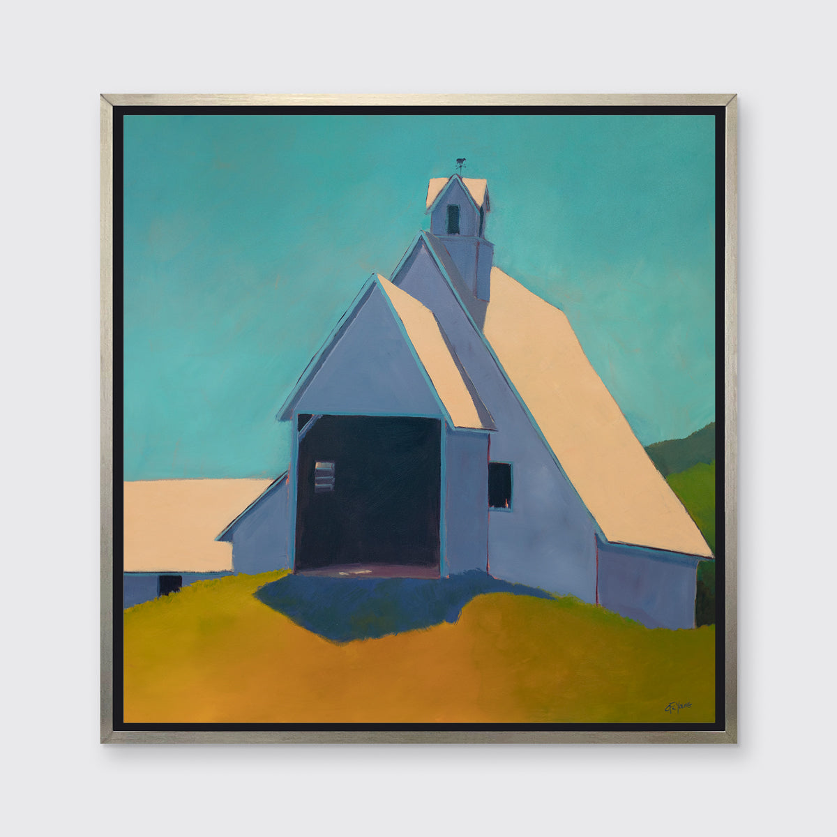 A teal, lavender, and peach contemporary barn print in a silver floater frame hangs on a white wall.
