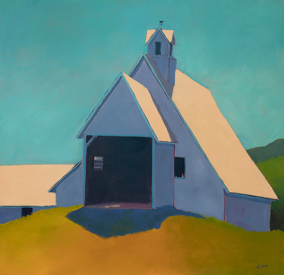 A teal, lavender, and peach contemporary barn print by Carol Young.