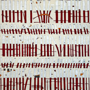 An abstract painting of red and white vertical lines with hints of orange on a beige background. 