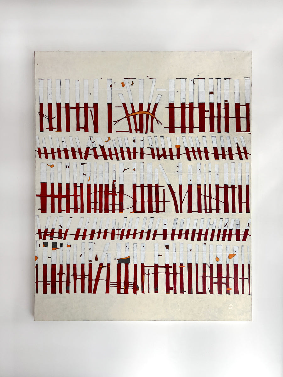 An abstract painting of red and white vertical lines with hints of orange on a beige background hangs on a white wall.