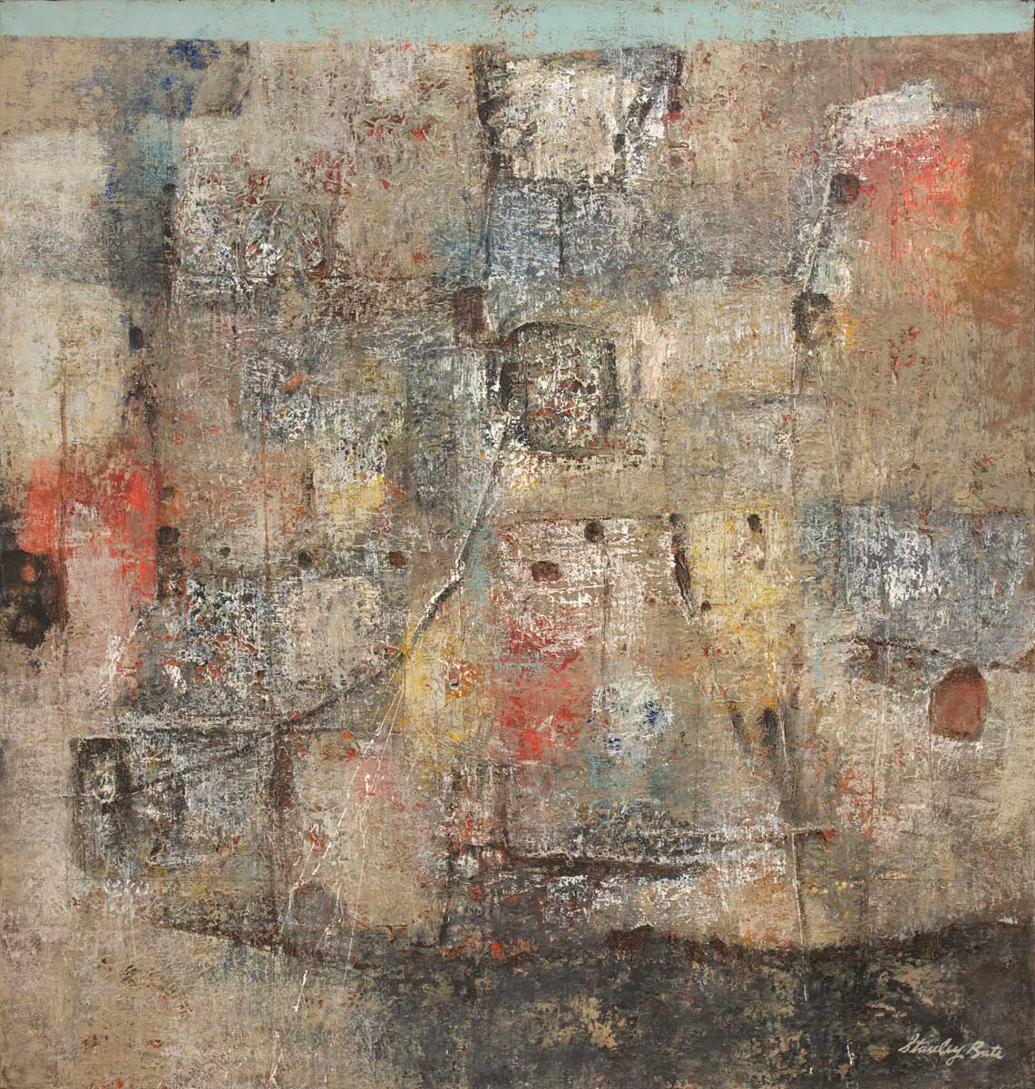 A light brown, grey and red modern abstract painting by Stanley Bate.