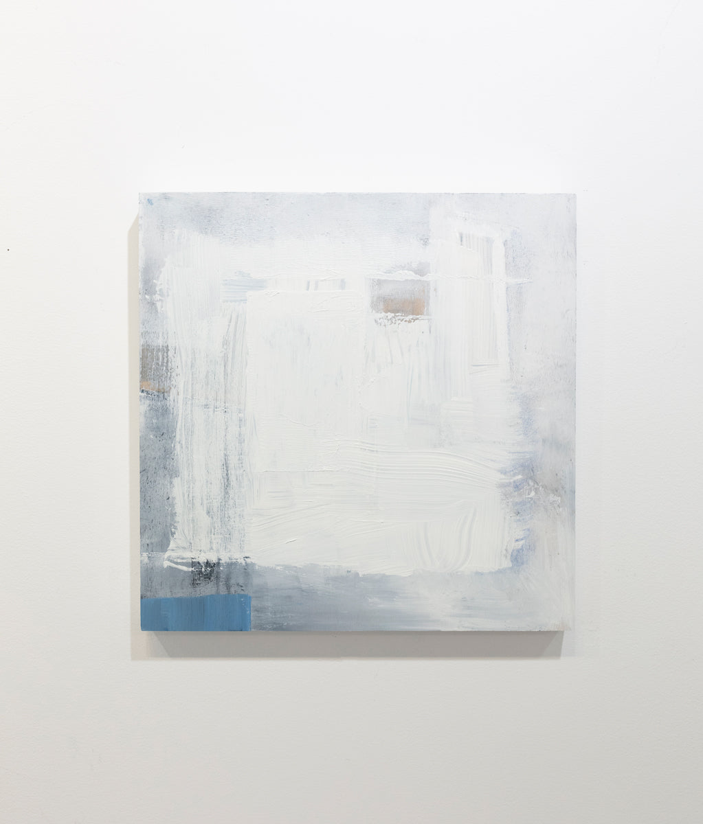 An abstract painting with white brushstrokes is hung on a gallery wall. Wired and ready to hang.