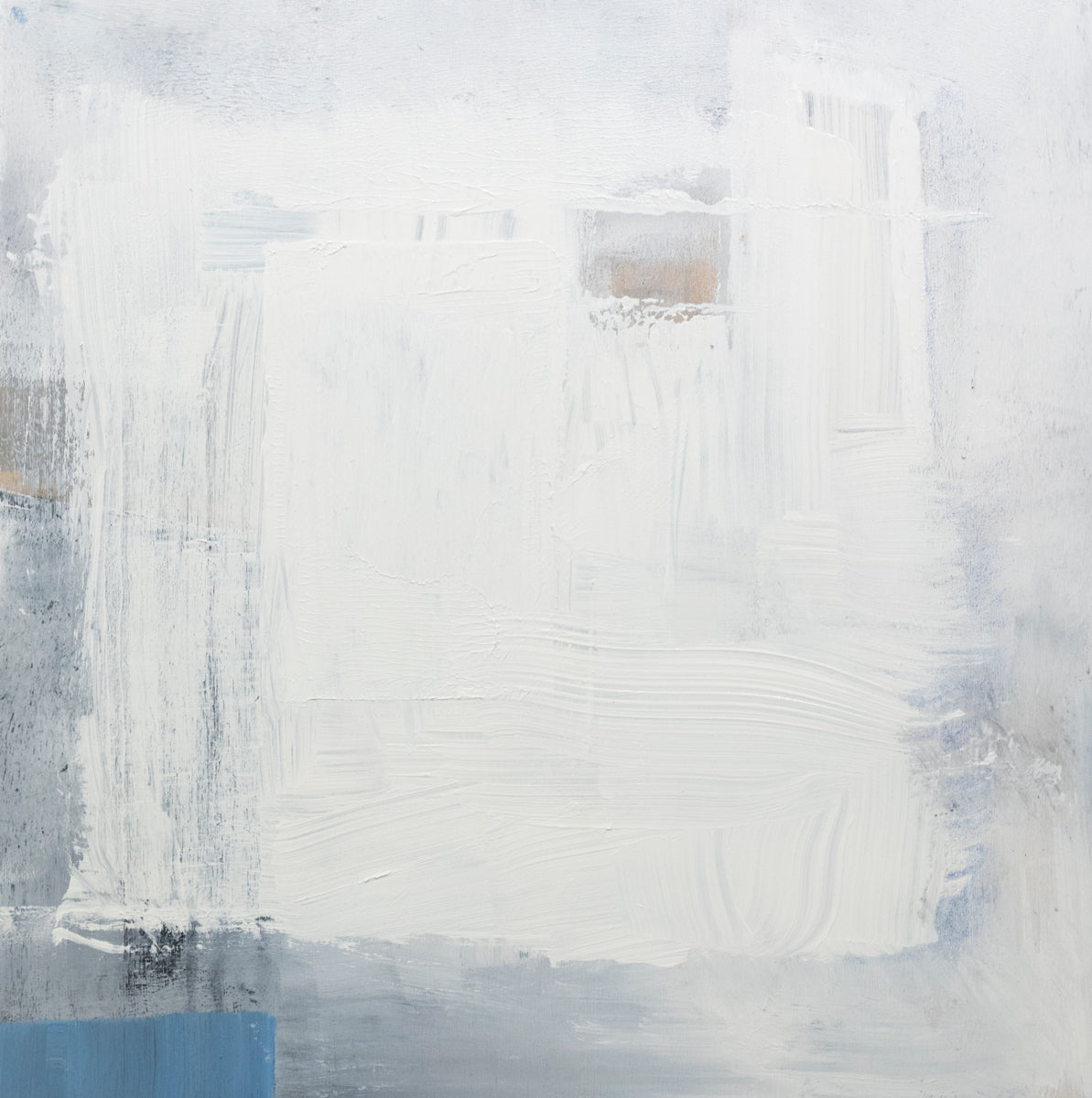 An abstract painting with white brushstrokes. Wired and ready to hang.