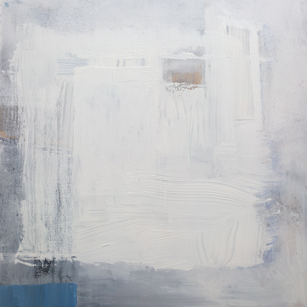 A white, grey and blue abstract print by Sue De Chiara.