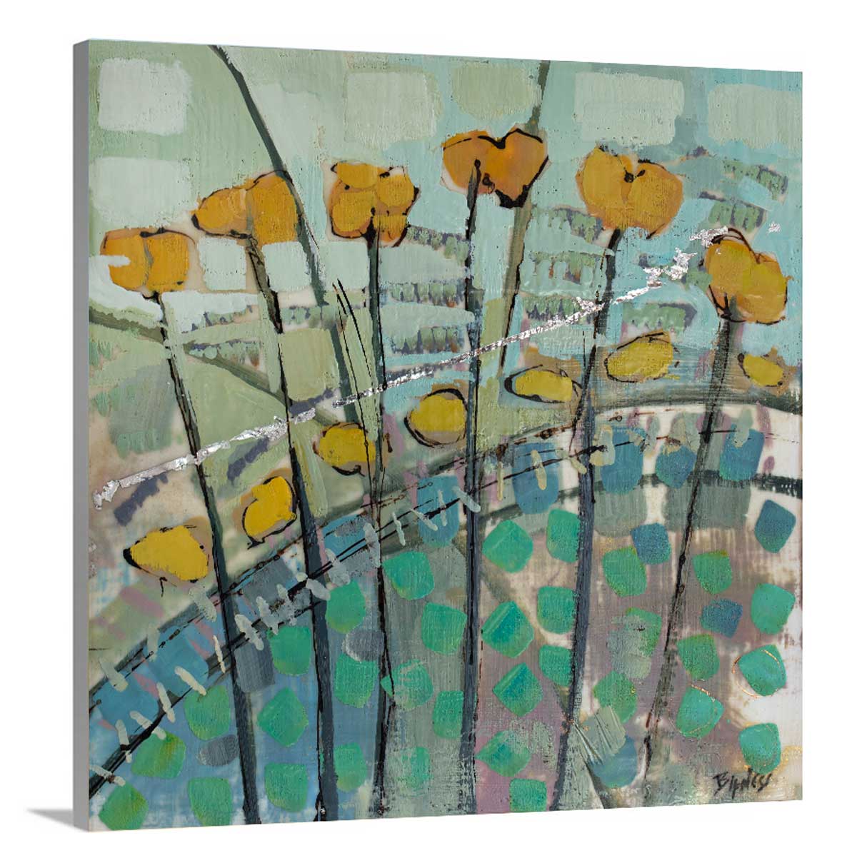 A side-angle view of an abstract floral canvas print.