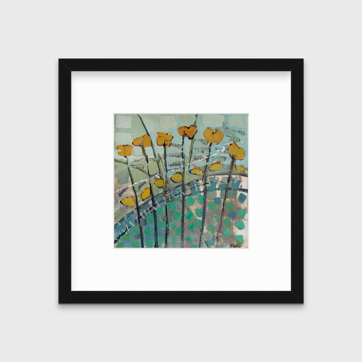 A blue, yellow, and green abstract floral print in a black frame with a mat hangs on a white wall.