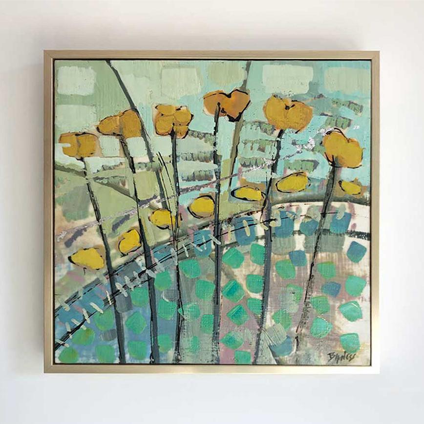 A straight on view of a framed floral abstract painting by Linda Bigness, hanging on a white wall.