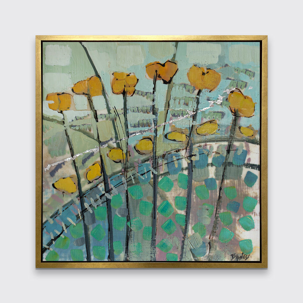 A blue, yellow, and green abstract floral print, framed in a gold frame, hangs on a light grey wall.
