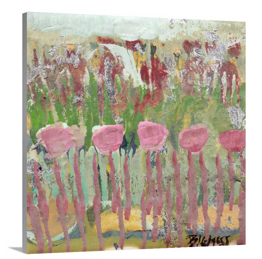A side-angle view of a green, pink and teal abstract floral print on canvas.