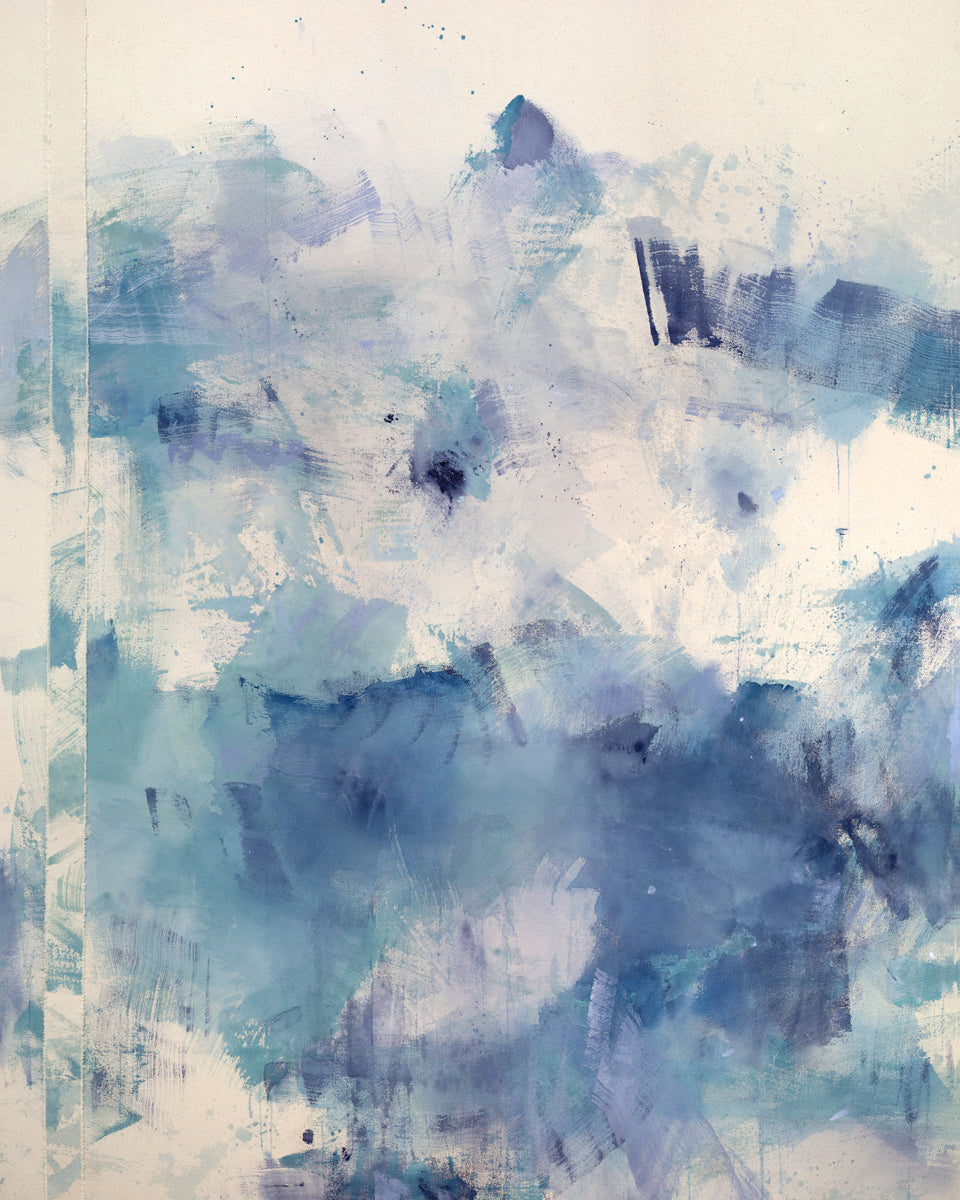 An abstract blue, purple, and white art print by Kelly Rossetti.