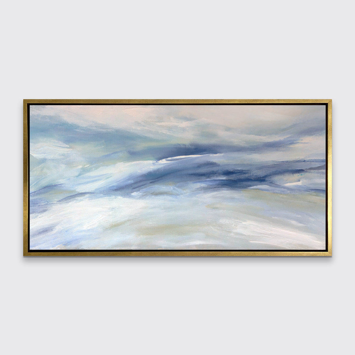 A blue, white and light green abstract print in a gold floater frame hangs on a white wall.