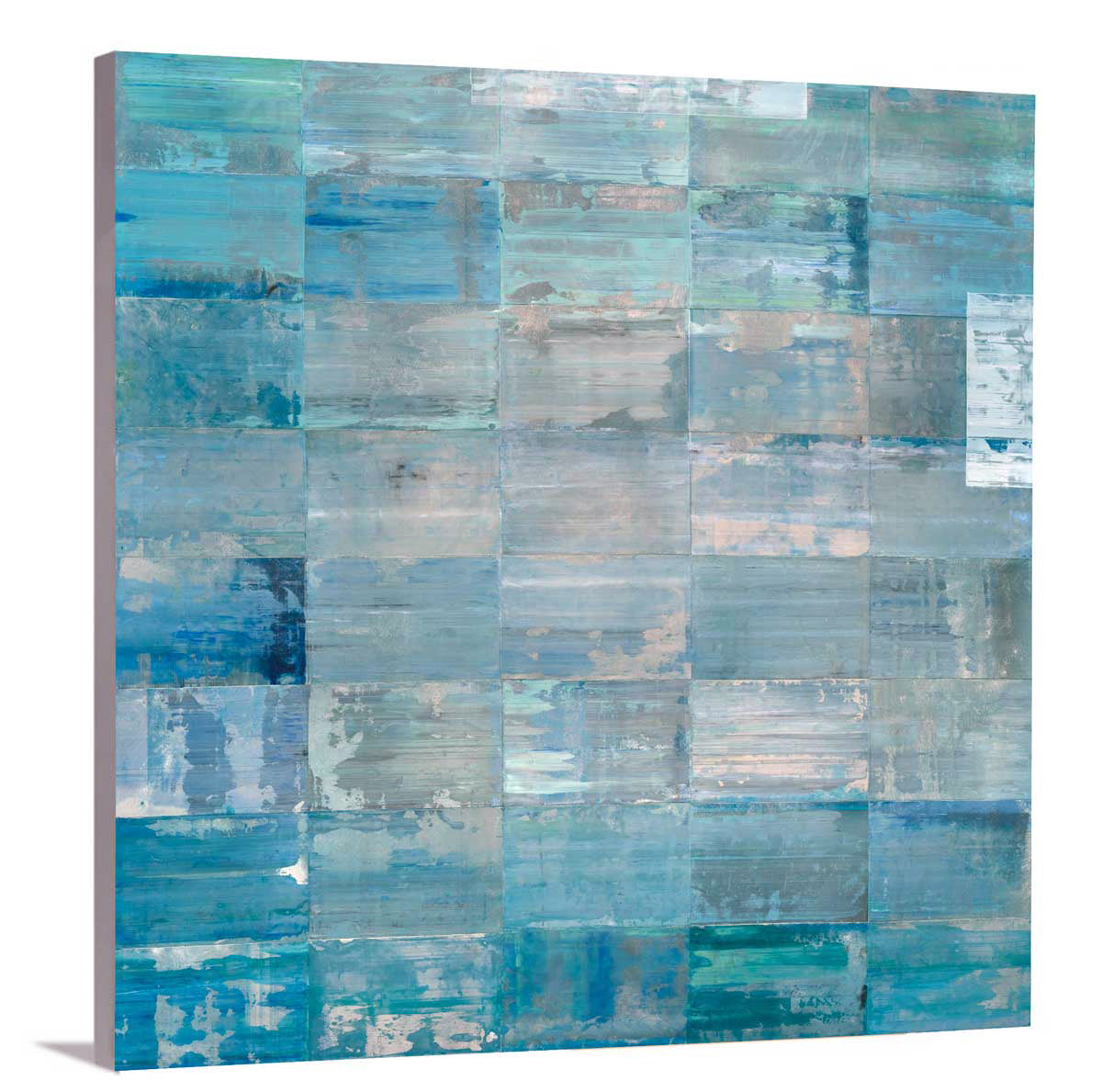 A side-angle view of a blue and teal abstract geometric print by Ned Martin on canvas.