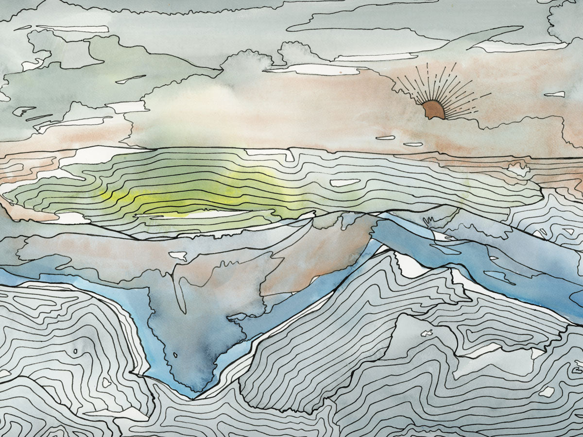 A brown, grey and light green abstract landscape print Melissa Kircher.