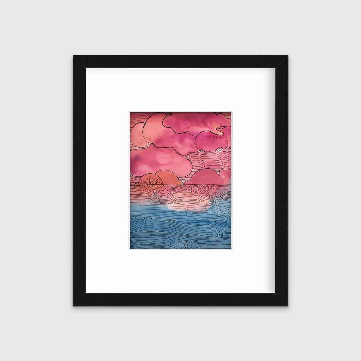 A pink, blue and black abstract landscape print in a black frame with a mat hangs on a white wall.