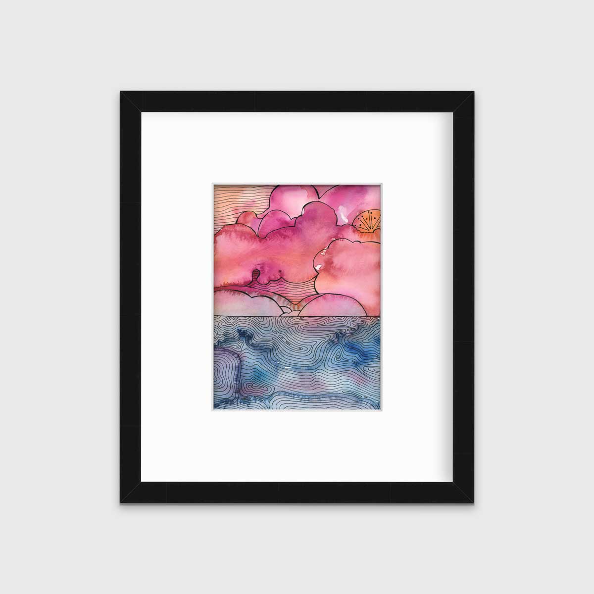 A pink, blue and black abstract landscape print in a black frame with a mat hangs on a white wall.