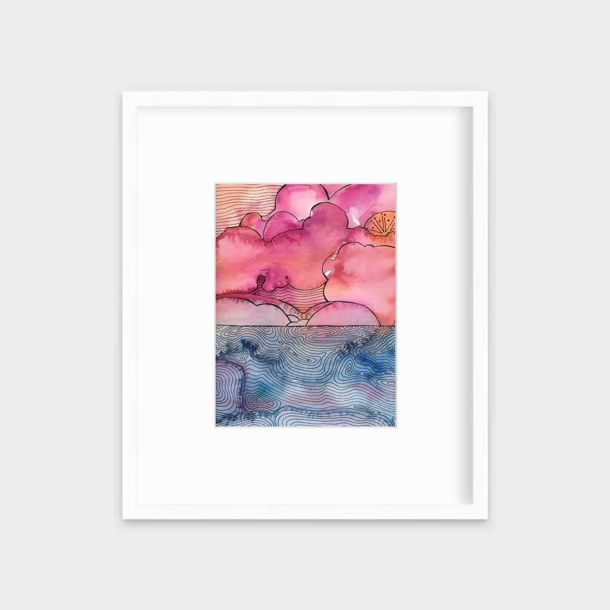 A pink, blue and black abstract landscape print in a white frame with a mat hangs on a white wall.