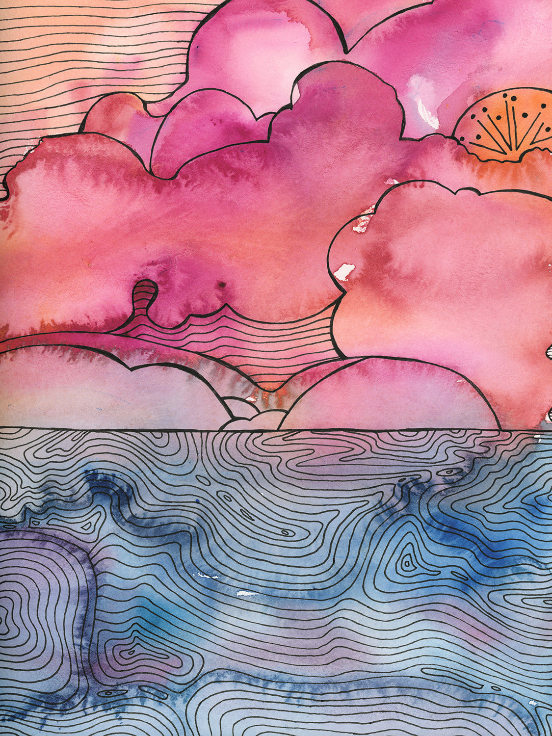 A pink, blue and black abstract landscape print by Melissa Kircher.