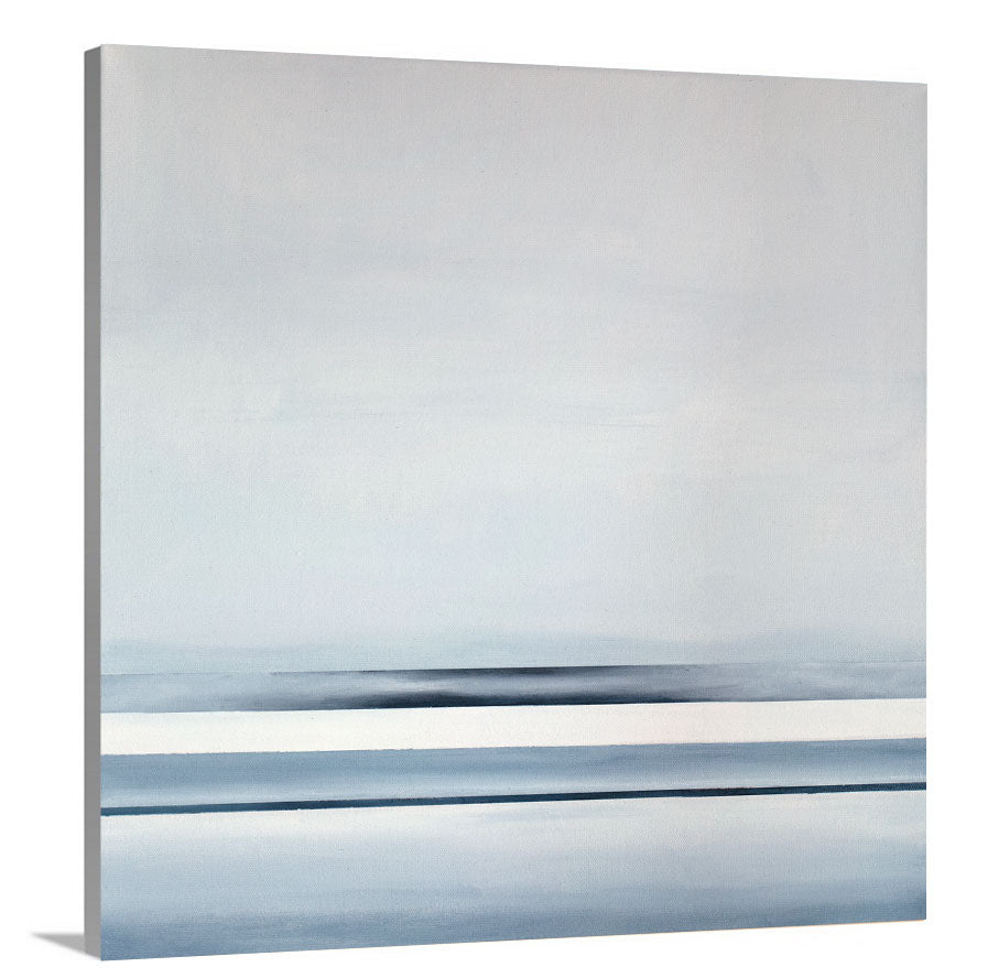 Different sized bands of hues of blue and white on a canvas that is on a side angle view.