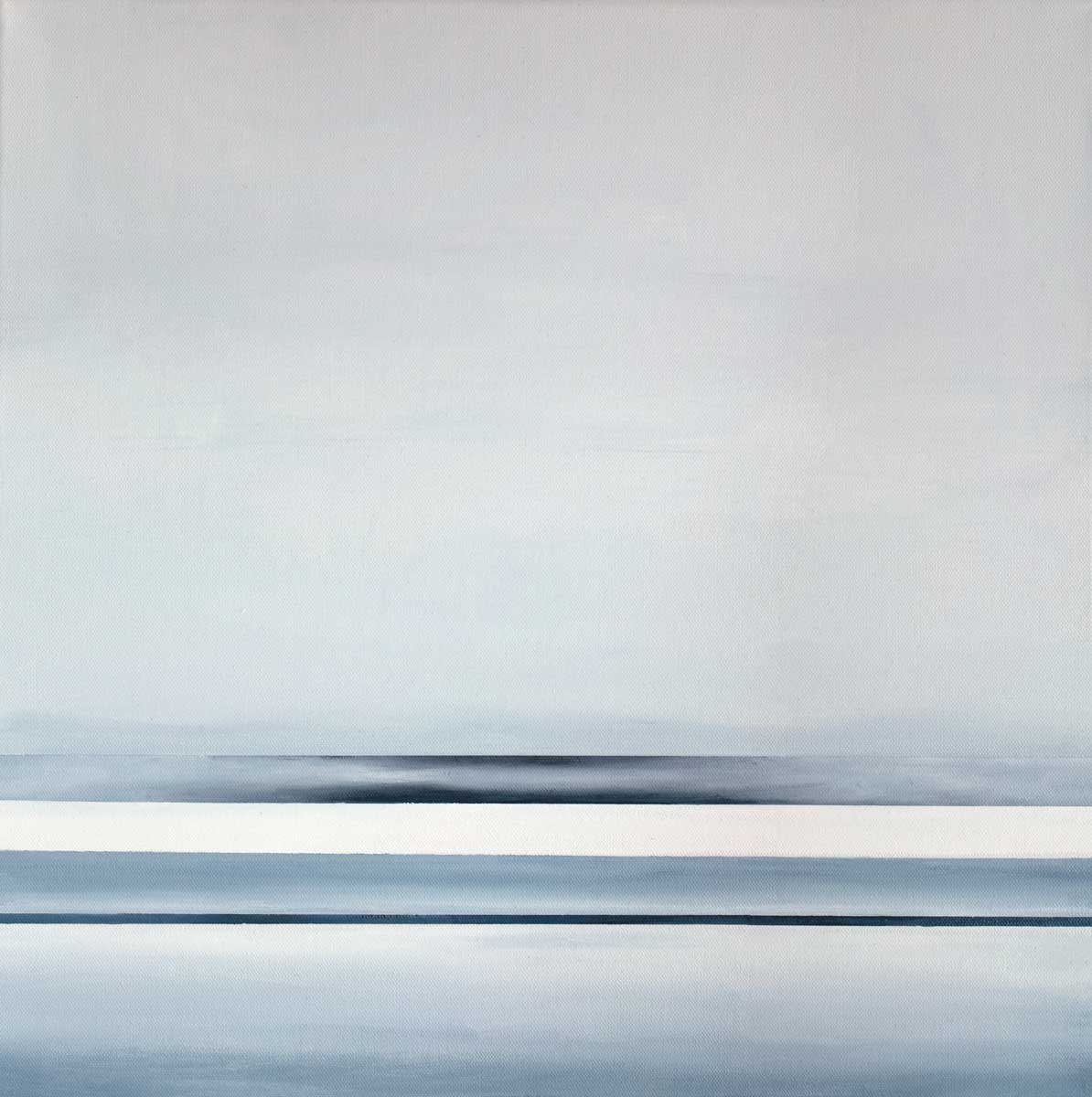 Abstract painting with blue and white horizontal parallel lines below a grey color block.