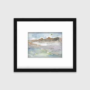 A blue, brown and light green abstract landscape print in a black frame with a mat hangs on a white wall.