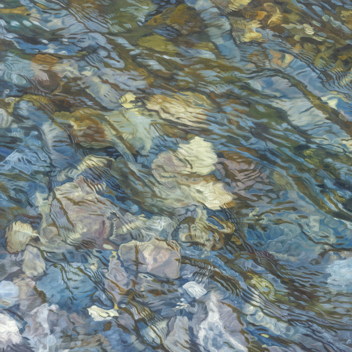 A beige, dark green, white and blue abstract river bed print by John Harris.