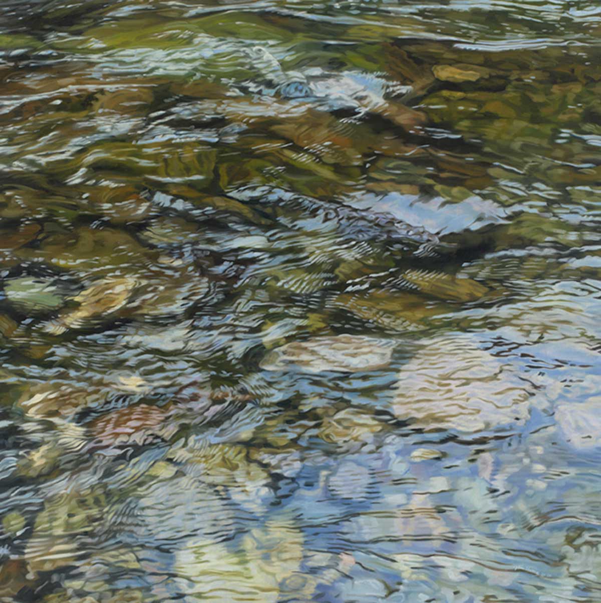 A print of of light reflecting off of moving water over rocks at the bottom of a shallow river.