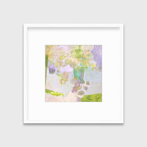 A light yellow, lavender and green abstract floral print in a white frame with a mat hangs on a white wall.