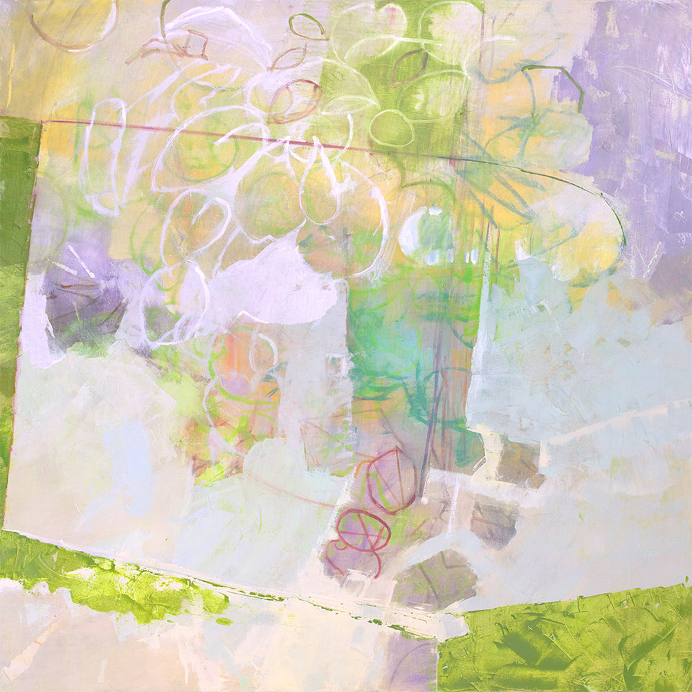 A light yellow, lavender and green abstract floral print by Christine Averill-Green.
