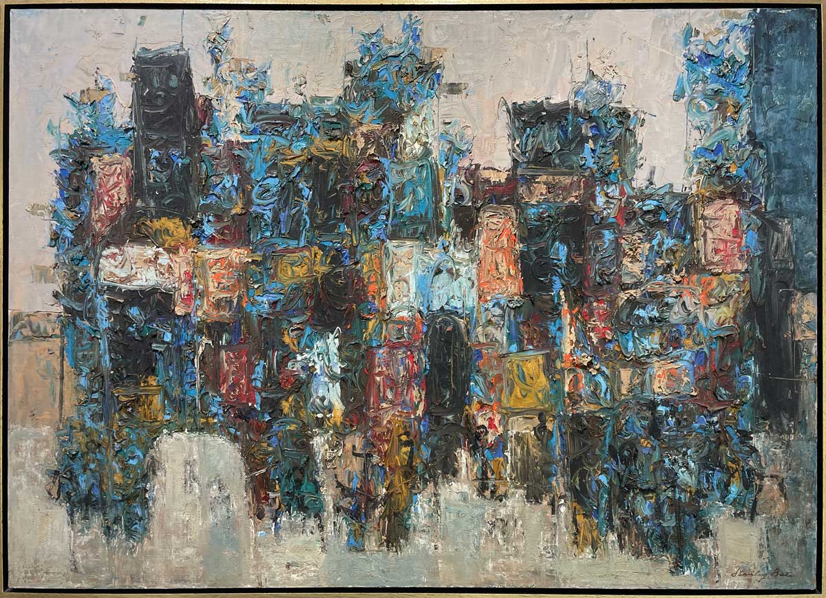 A multicolored abstract painting by Stanley Bate in a warm gold floater frame.