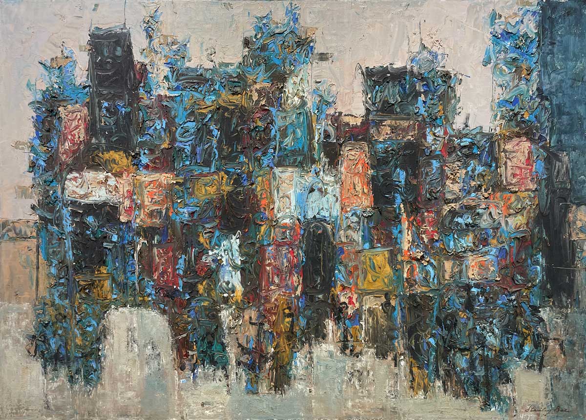 A multicolored abstract painting by Stanley Bate.