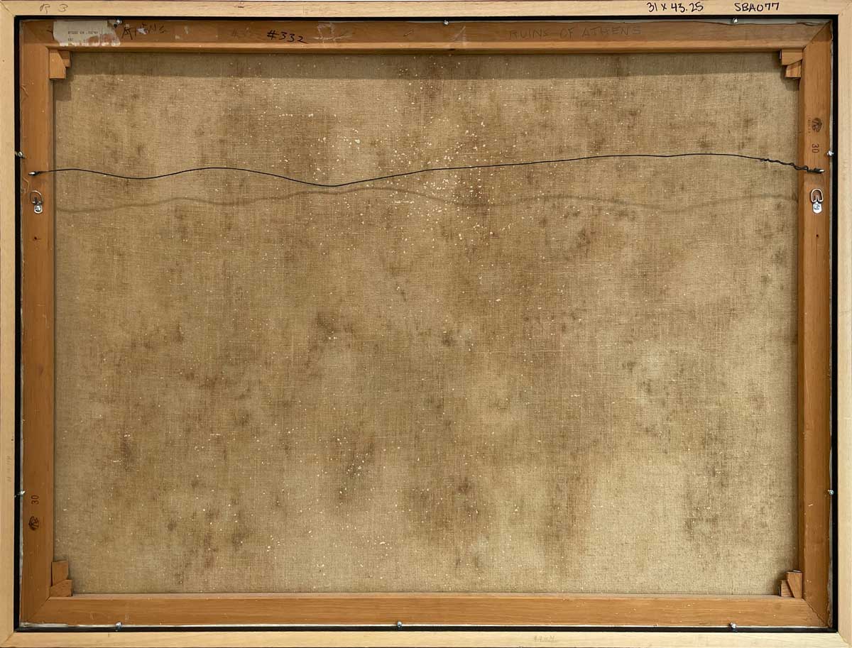 The back of the painting with the title and hanging wire.