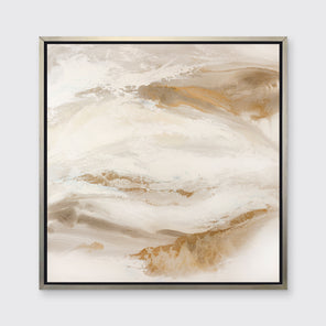 A gold, silver, white and beige abstract print in a silver floater frame hangs on a white wall.