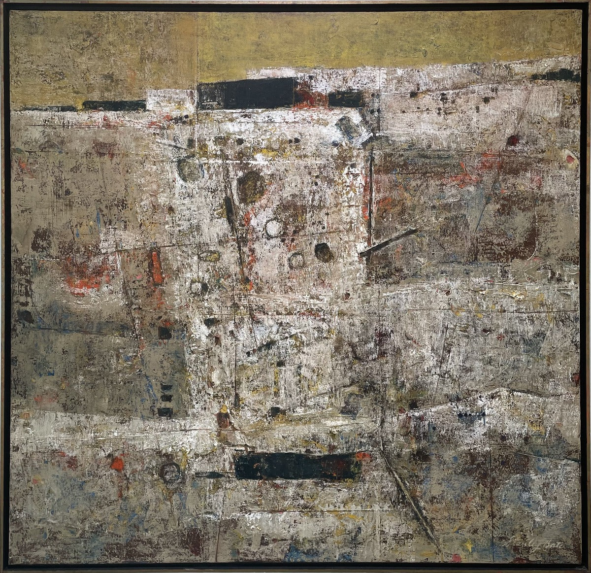 A white and grey abstract painting by Stanley Bate in a warm silver frame.