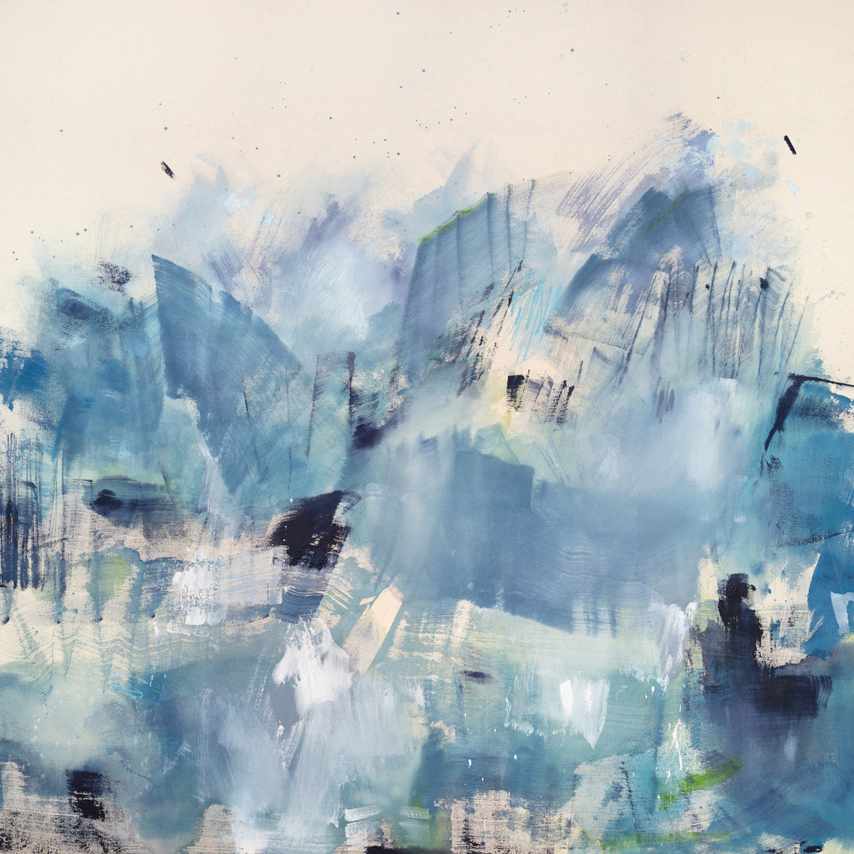A blue and white abstract print by Kelly Rossetti.
