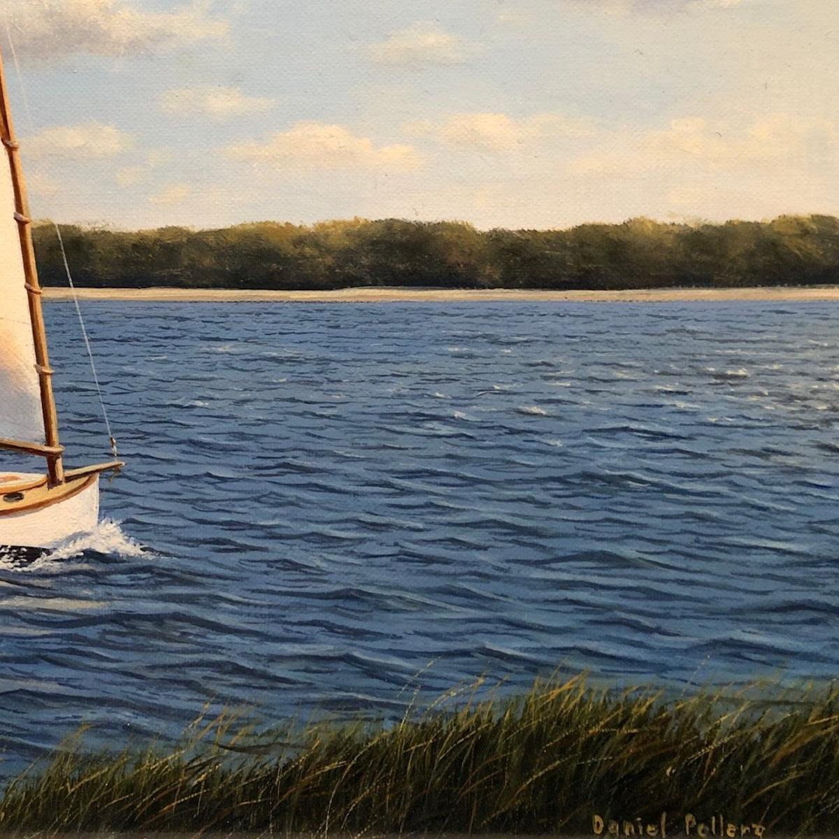 Close-up detail of a painting, which pictures the front of a sailboat, trees, a pale blue sky, the texture of the canvas and the artist's signature.