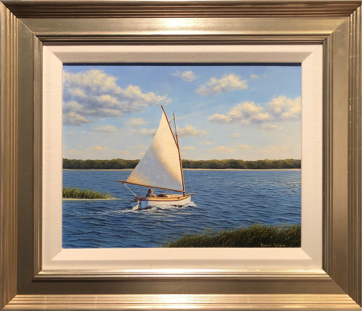 Hand-painted scene of a figure in a sailboat, sailing into the bay with a cloudy, blue sky above, with a linen liner and gold frame encompassing the painting.