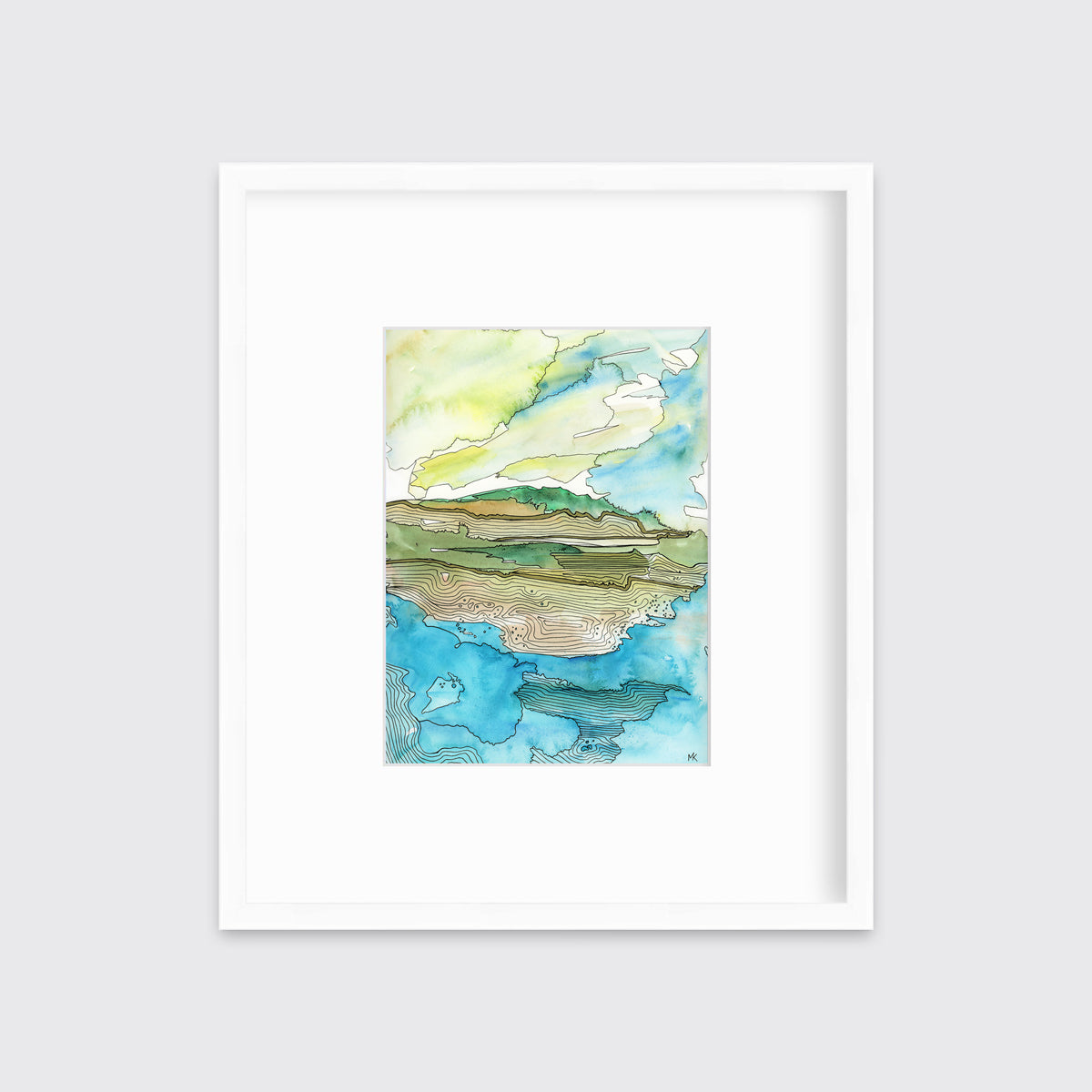 A blue, green, brown and light yellow abstract landscape with black outlines print in a white frame with a mat hangs on a white wall.